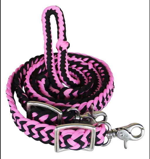 Roping Knotted Horse Tack Western Barrel Reins Nylon Braided Pink Black 60706