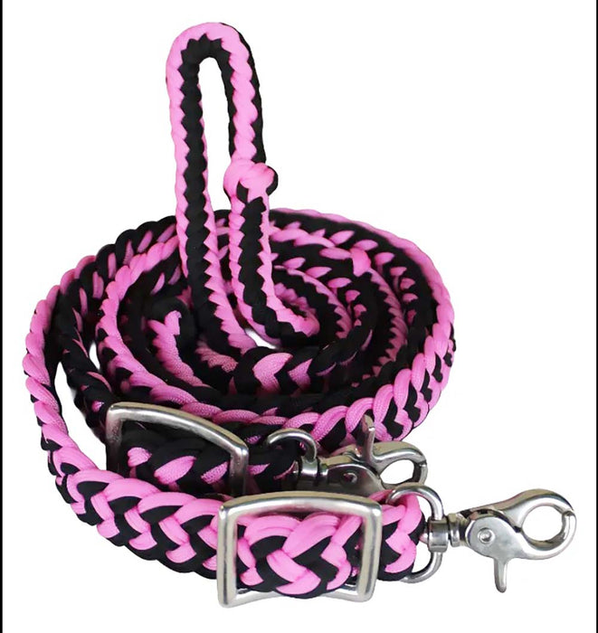 Roping Knotted Horse Tack Western Barrel Reins Nylon Braided Pink Black 60706