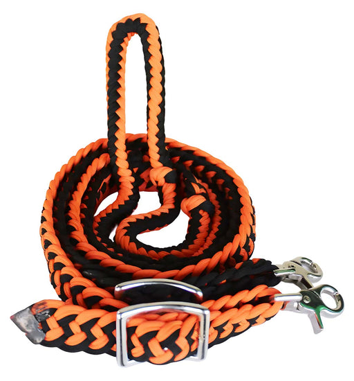 Roping Knotted Horse Tack Western Barrel Reins Nylon Braided Orange Black 60712