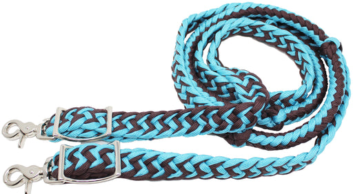 Horse Western Nylon Braided Knotted Roping Barrel Reins Turquoise Brown 60717