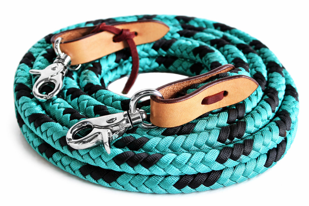 Horse Roping Tack Western Barrel Reins Nylon Braided Leather Turquoise 607230