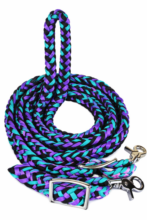 Horse Western Nylon Braided Roping Knotted Barrel Reins Purple-Turquoise 607244