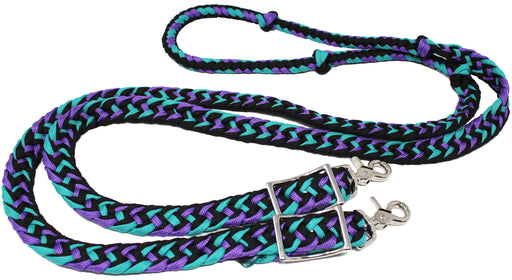 Horse Western Nylon Braided Roping Knotted Barrel Reins Purple-Turquoise 607244