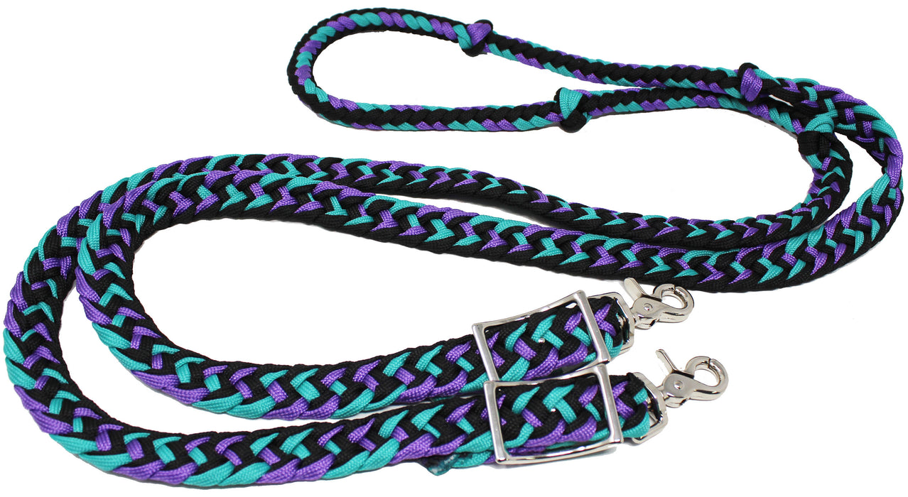 Horse Western Nylon Braided Roping Knotted Barrel Reins Purple-Turquoise 607244