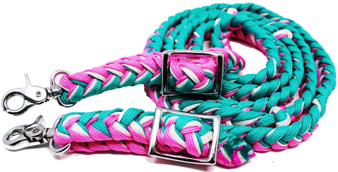 Horse Roping Knotted Western Nylon Braided Barrel Reins Turquoise Pink 607304