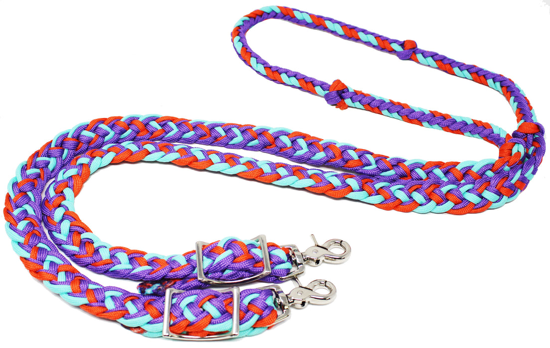 Horse Western Nylon Braided 8 Ft. Knotted Roping Barrel Reins Purple Teal Orange 60737