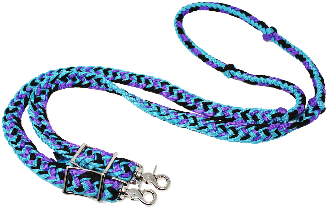 Roping Knotted Braided Horse Tack Western Barrel Reins Purple Turquoise 60740