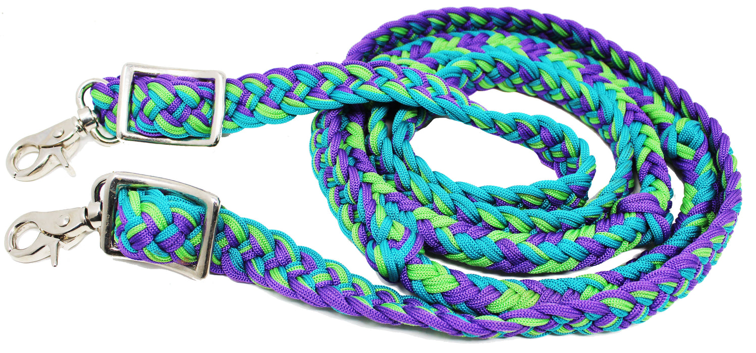 Horse Western Nylon Braided 8 Ft. Knotted Roping Barrel Reins Purple Teal Orange 60737