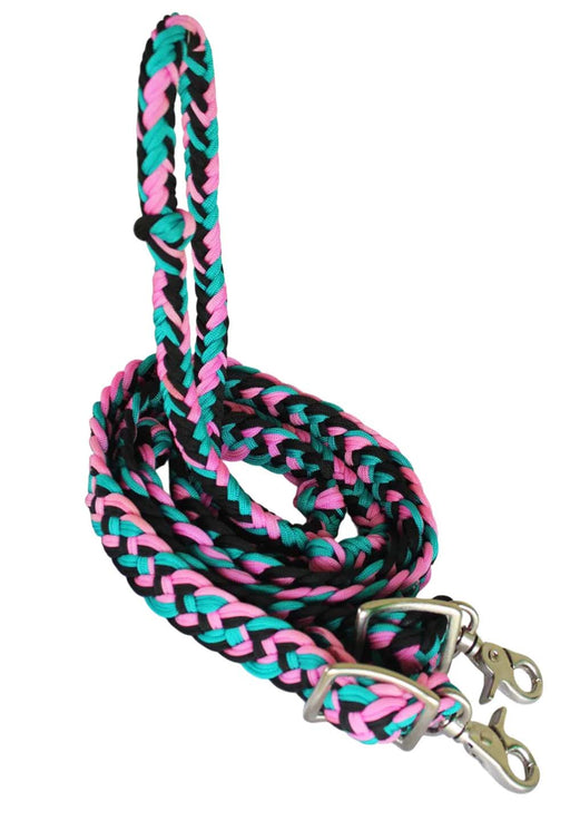 Horse Challenger Western Nylon Braided Roping Knotted Barrel Reins Pink Black Blue 607514
