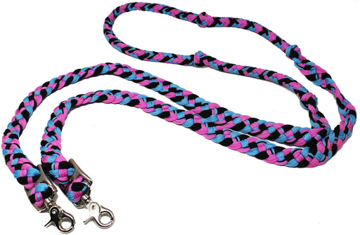 Horse Challenger Western Nylon Braided Roping Knotted Barrel Reins Pink Black Blue 607514