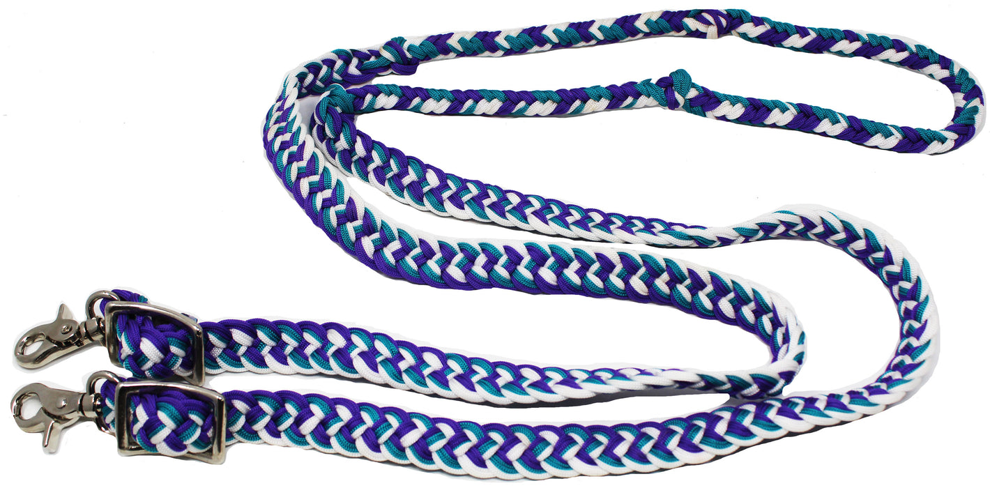 Horse Western Nylon Braided 8 Ft. Knotted Roping Barrel Reins Purple Teal Orange 60737