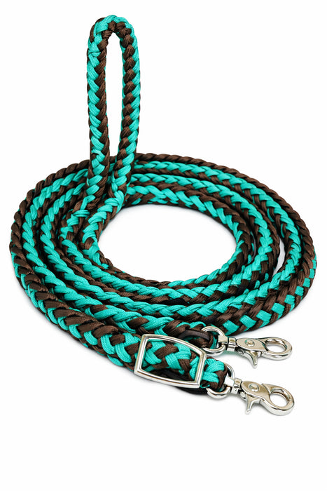 Challenger Western Nylon Braided Roping Knotted Barrel Reins Sea Green Brown 60764