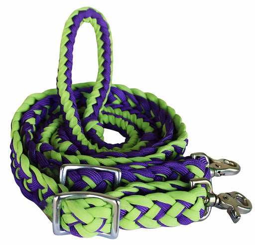 Horse Western Nylon Braided Knotted Roping Barrel Reins Lime Green Purple 60789
