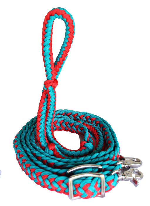 Horse Western Nylon Braided Barrel Knotted Reins Teal Red 60792