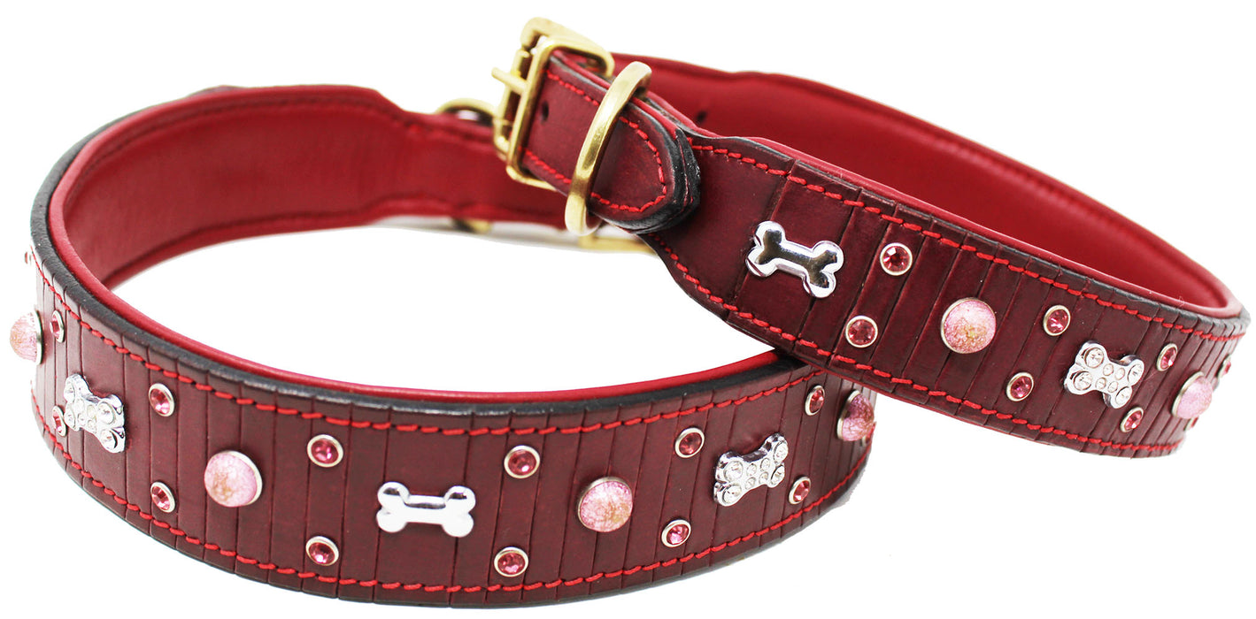 Leather Crystal Dog Bone Charm Collar Padded Double Ply Riveted Settings  60AA219