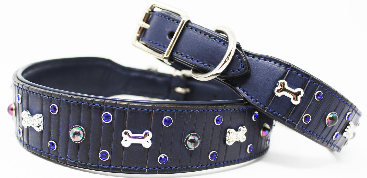 Leather Crystal Dog Bone Charm Collar Padded Double Ply Riveted Settings  60AA219