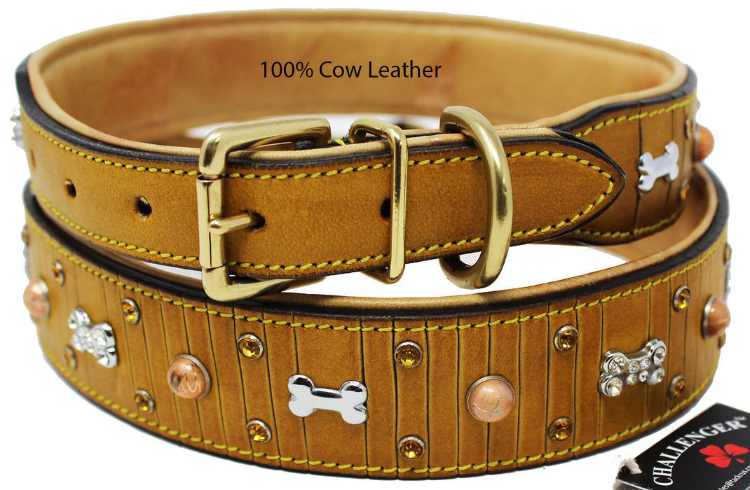 Leather Crystal Dog Bone Charm Collar Padded Double Ply Riveted Settings  60AA219