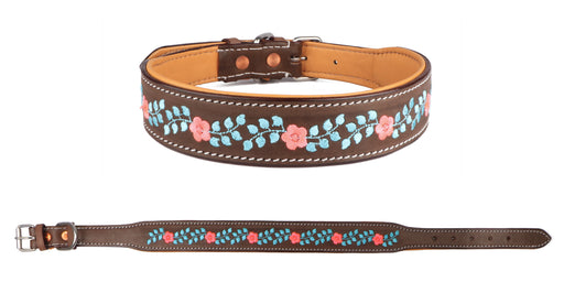 Challenger 100% Cow Leather Floral Embroidered Padded Dog Collar 60BT01