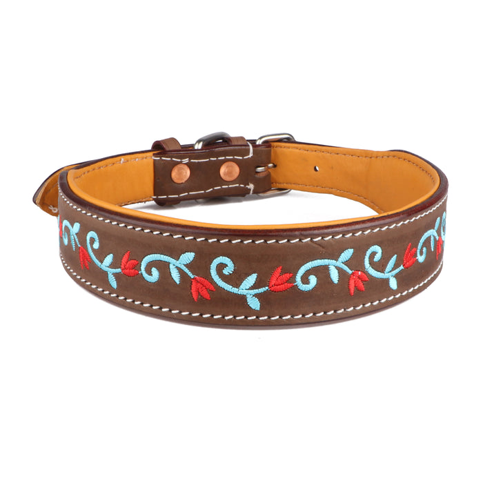 Challenger 100% Cow Leather Floral Embroidered Padded Dog Collar 60BT02