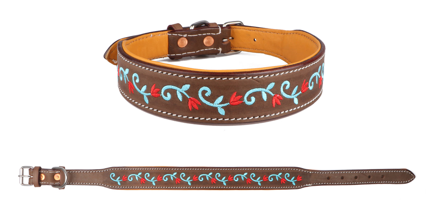 Challenger 100% Cow Leather Floral Embroidered Padded Dog Collar 60BT02