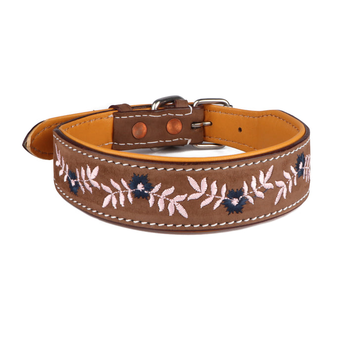 Challenger 100% Cow Leather Floral Embroidered Padded Dog Collar 60BT03