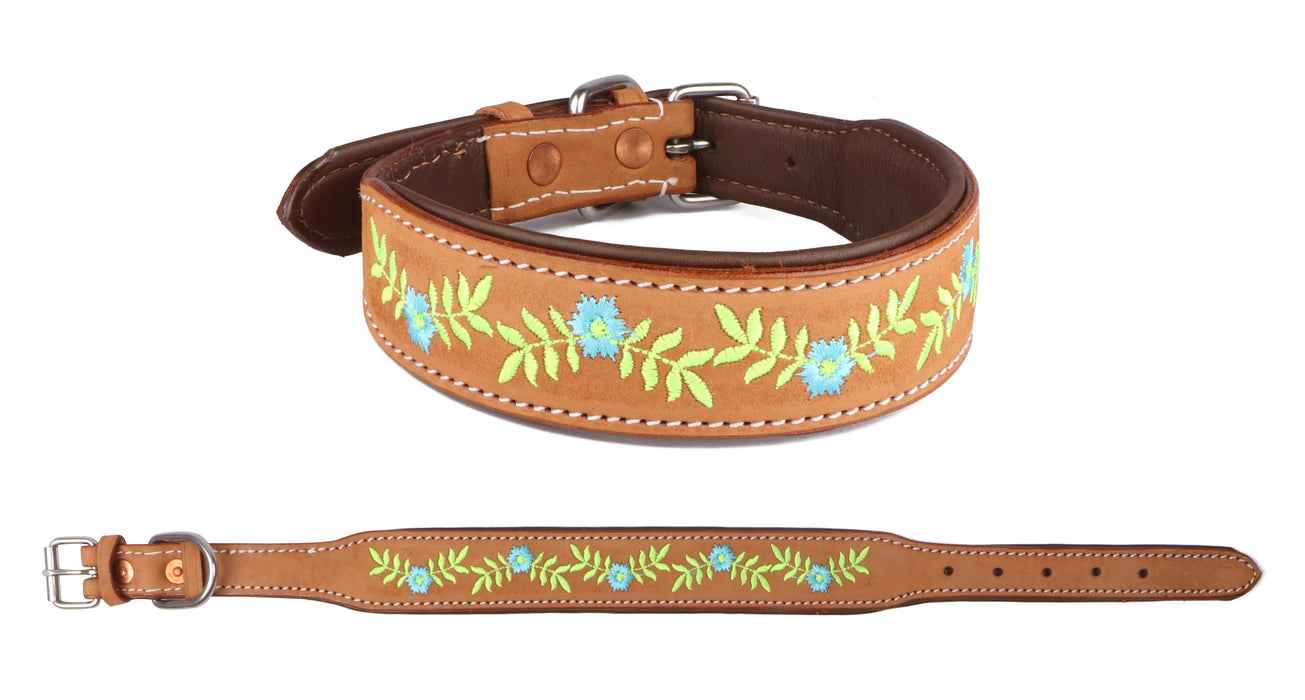 Challenger 100% Cow Leather Floral Embroidered Padded Dog Collar 60BT10