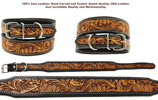 Heavy Duty Padded Leather Flower Tooled Cactus Dog Collar 60FK03