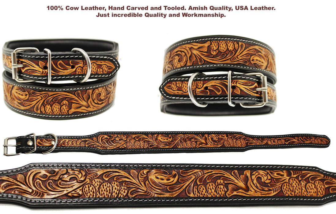 Heavy Duty Padded Leather Flower Tooled Cactus Dog Collar 60FK03