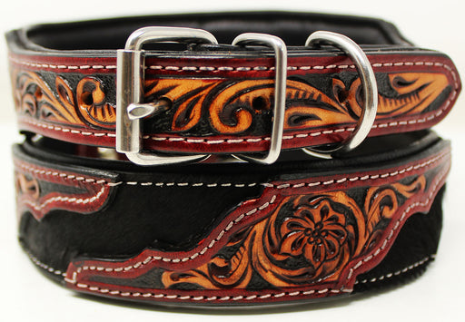 Challenger Heavy Duty Padded Leather Tooled Hair-On Dog Collar 60FK05