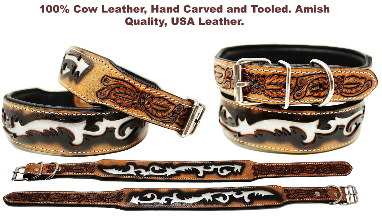 Amish Heavy Duty Padded Leather Dog Collar w/ Tribal Inlay 60FK06