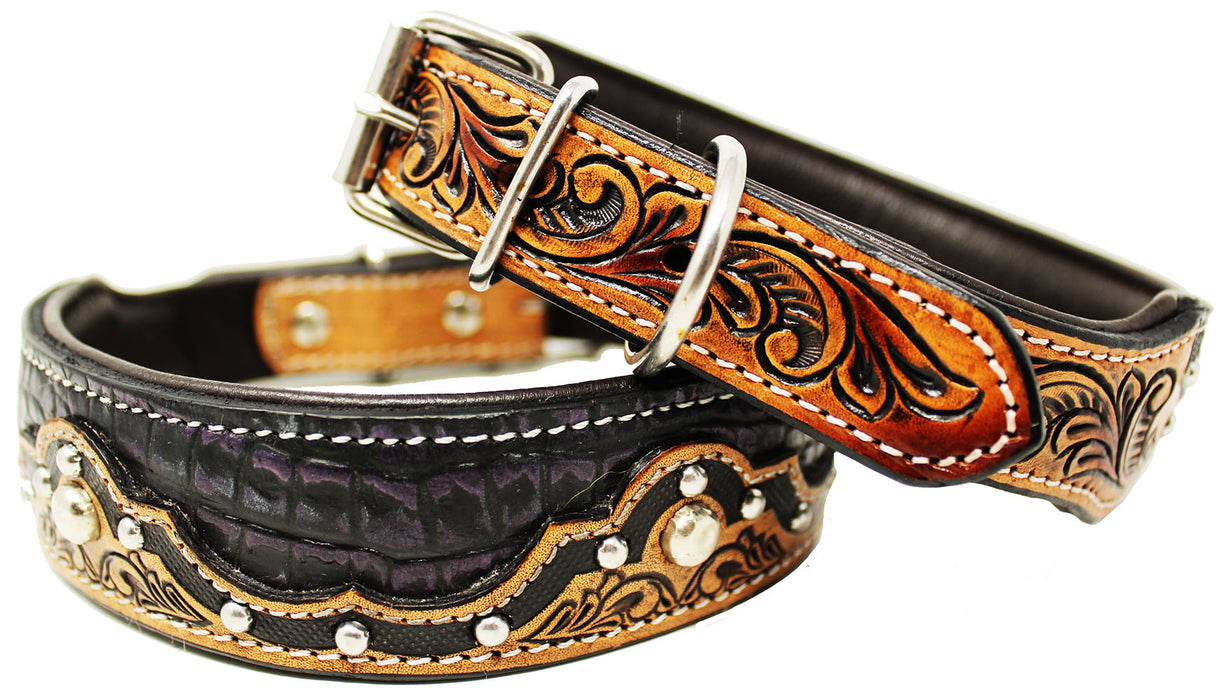 Padded Leather Dog Collar Heavy Duty Padded Leather Tooled Gator Inlay Dog Collar 60FK08