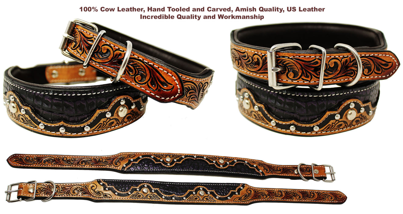 Padded Leather Dog Collar Heavy Duty Padded Leather Tooled Gator Inlay Dog Collar 60FK08