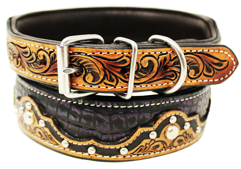 Padded Leather Dog Collar Heavy Duty Padded Leather Tooled Gator Inlay Dog Collar 60FK08