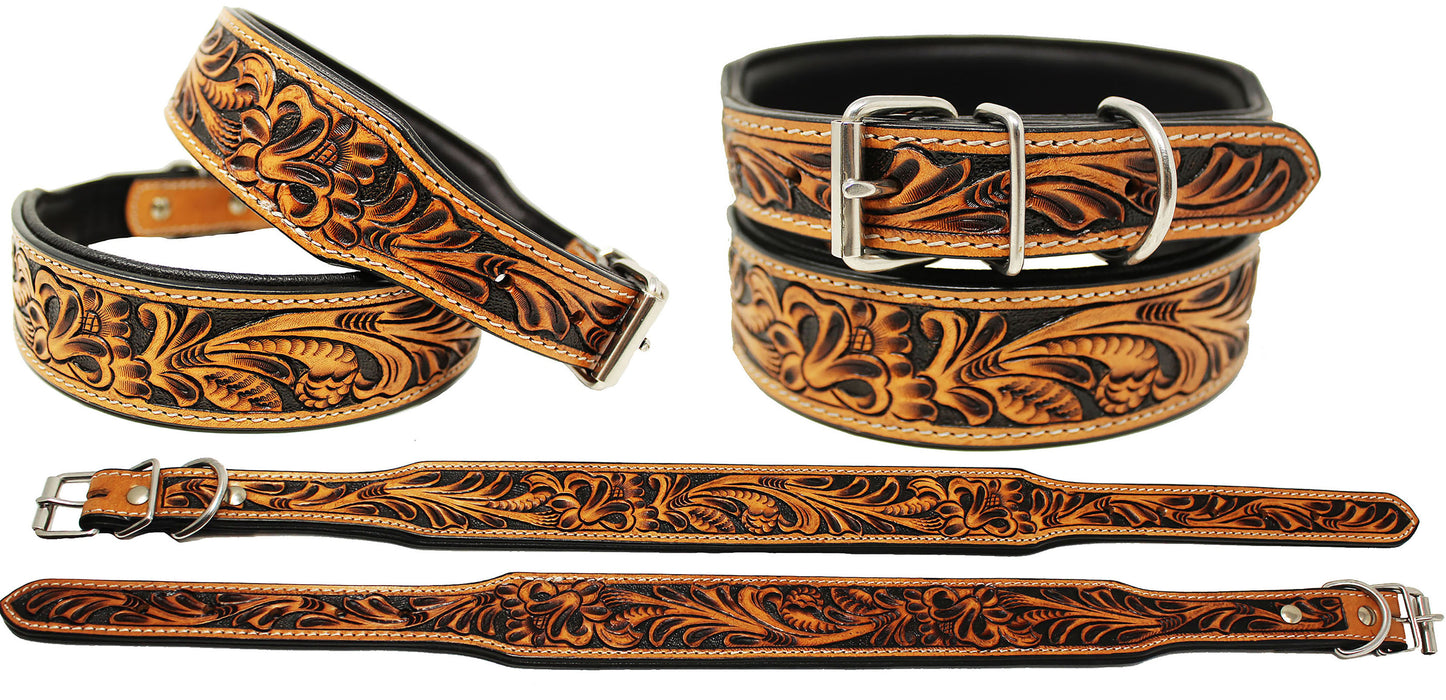 Heavy Duty Padded Challenger 100% Top Grain Leather Hand Tooled Dog Collar 60FK11