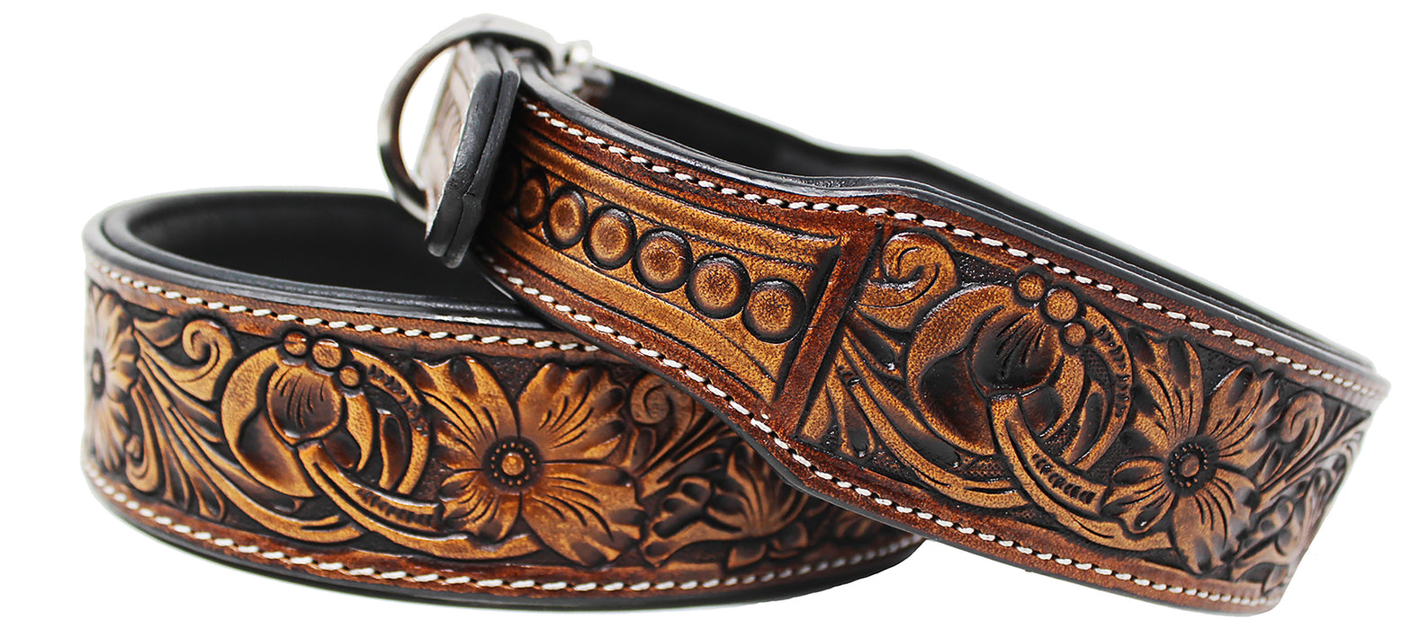 Amish 100% Cow Leather Heavy Duty Padded Leather Tooled Dog Collar 60FKDog