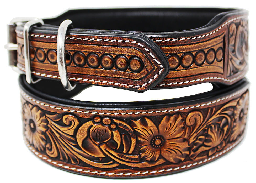 Amish 100% Cow Leather Heavy Duty Padded Leather Tooled Dog Collar 60FKDog