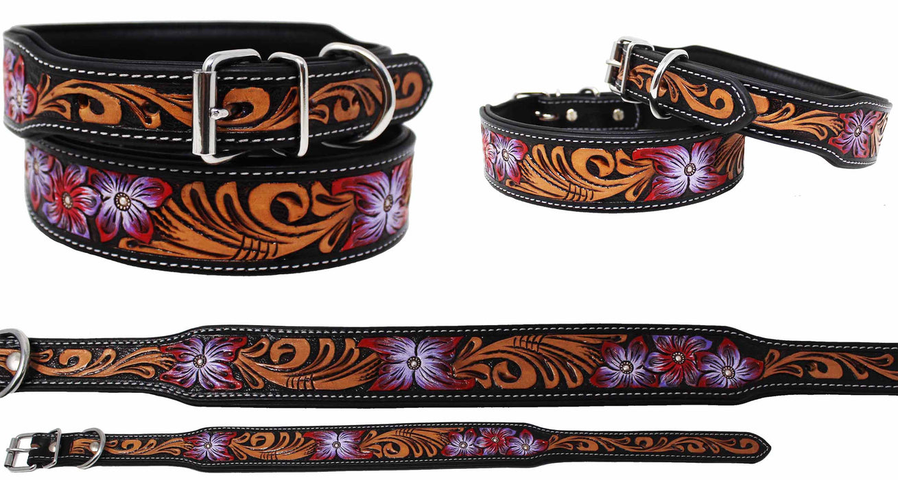 100% Cow Leather Hand-Painted Padded Tooled Carved Dog Collar Purple 60FK13PR