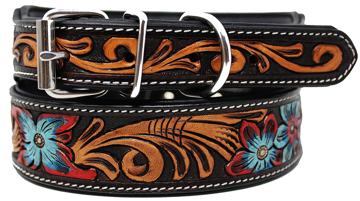 Challenger 100% Cow Leather Heavy Duty Padded Leather Tooled Dog Collar 60FKDog