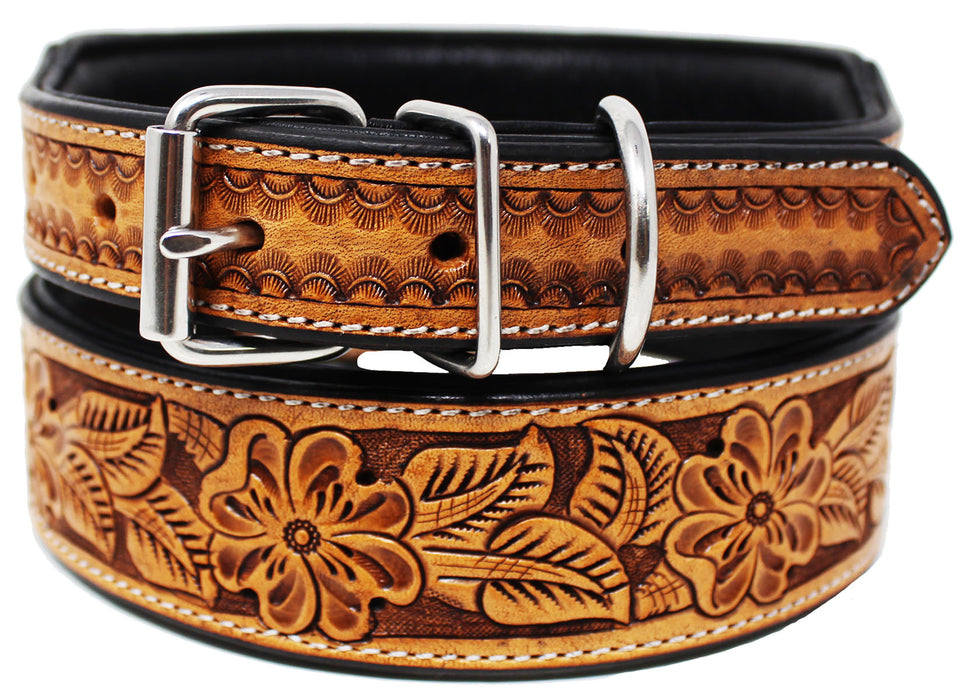 Amish 100% Cow Leather Heavy Duty Padded Leather Tooled Dog Collar 60FKDog