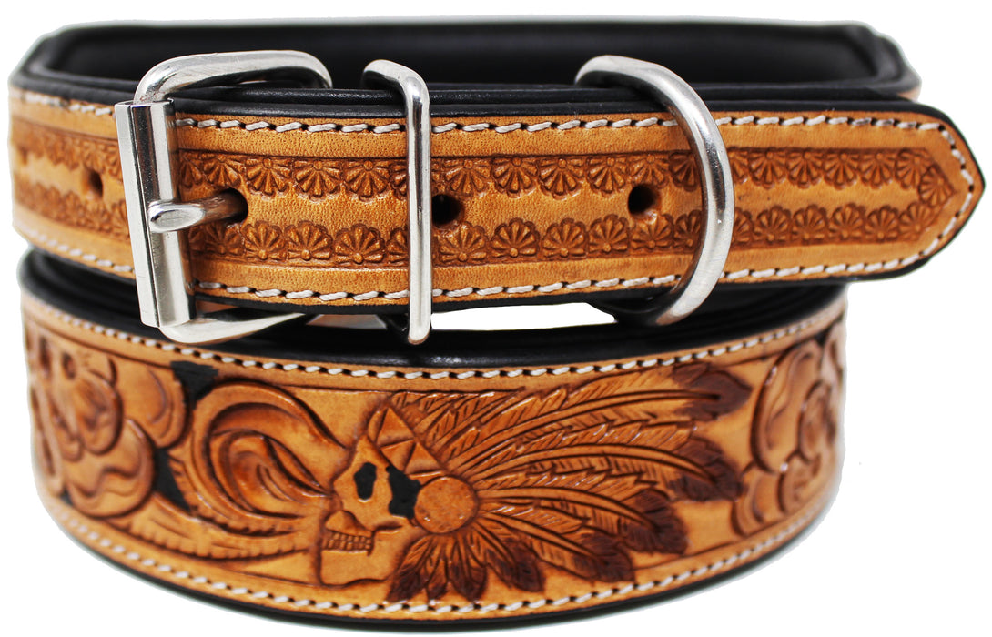 Amish 100% Cow Leather Heavy Duty Padded Leather Tooled Dog Collar 60FKDog