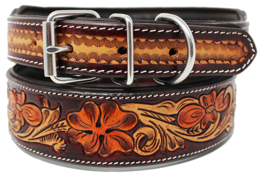 Large 21''- 25'' Padded Leather Dog Collar Heavy Duty Floral Tooled 60FK19