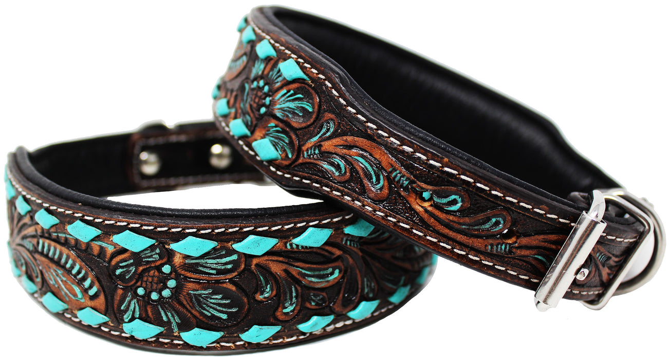 Amish 100% Cow Leather Padded Tooled Turquoise Brown Dog Collar Turquoise 60FK21