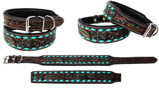 Amish 100% Cow Leather Padded Tooled Turquoise Brown Dog Collar Turquoise 60FK21