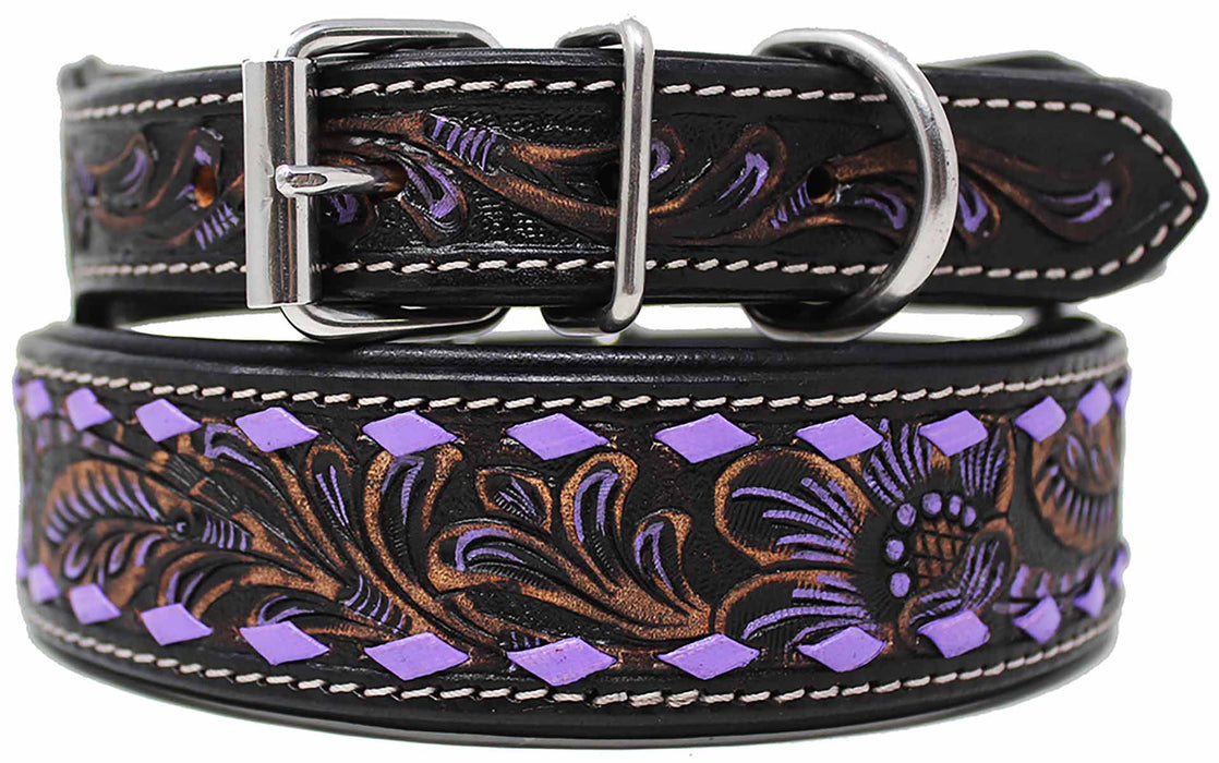 Amish 100% Cow Leather Heavy Duty Padded Floral Tooled Dog Collar Purple 60FK22