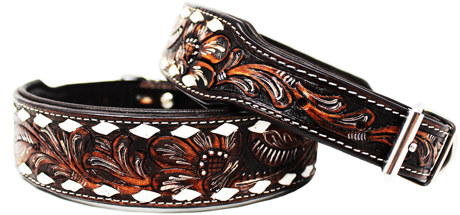 Amish 100% Cow Leather Padded Heavy Duty Tooled Dog Collar Brown 60FK23
