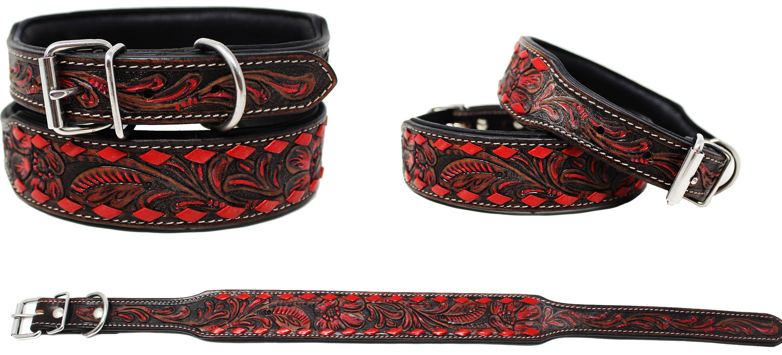 Padded Leather Dog Collar Heavy Duty Leather Floral Tooled Dog Collar Red 60FK24