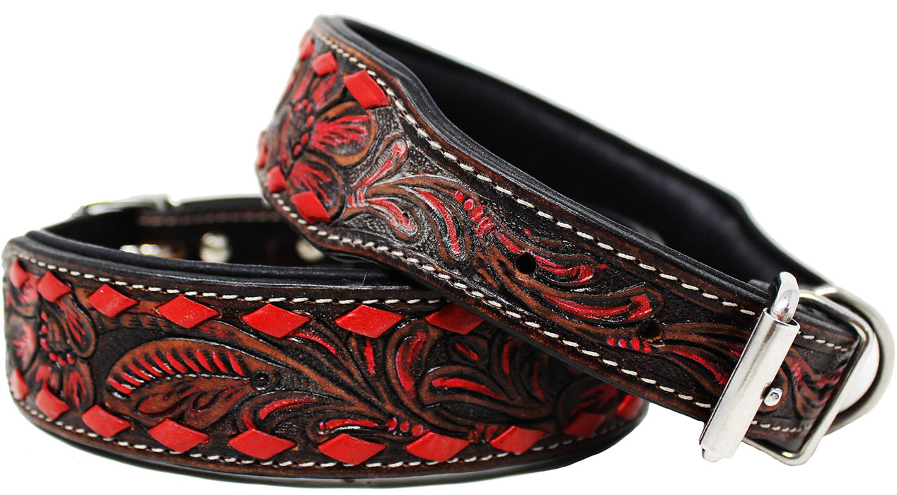 Padded Leather Dog Collar Heavy Duty Leather Floral Tooled Dog Collar Red 60FK24