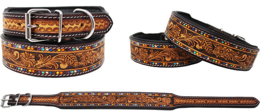 Challenger Leather Heavy Duty Padded Floral Tooled Dog Collar 60FK35