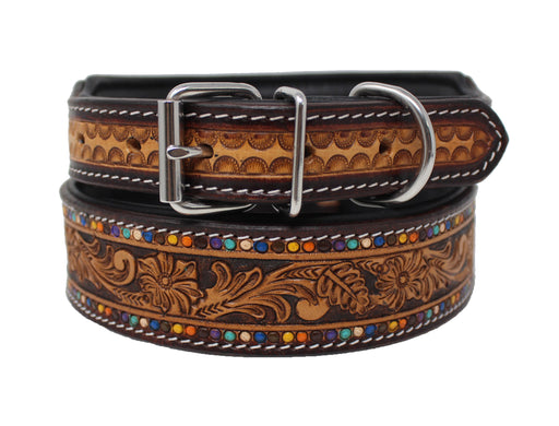 Challenger Leather Heavy Duty Padded Floral Tooled Dog Collar 60FK35