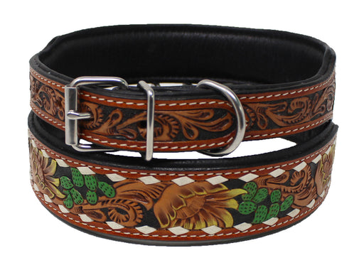 Padded Leather Floral Cactus Tooled Dog Collar 60FK36